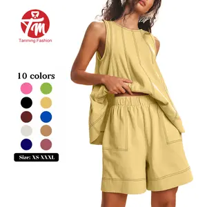 Tanming Women's Basic 2-Piece Casual Clothes Set, Round Neck Sleeveless A-Line Tank Top with Contrast Stitching, High-Waist Shorts with Pockets,summerwins