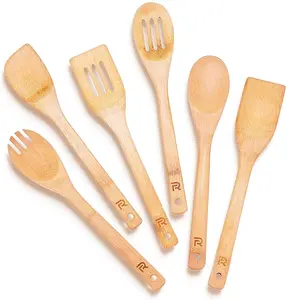 Riveira Bamboo Wooden Spoons for Cooking 6-Piece - Nonstick Kitchen Utensils Set Premium Quality
