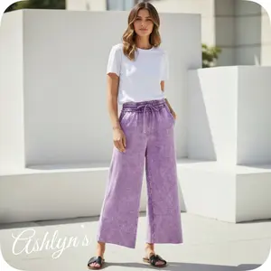 Zenana Acid Wash Fleece B Violet Palazzo Capri Pants with Pockets