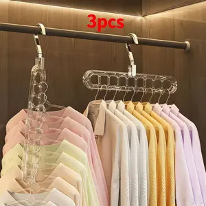 3 transparent 9-hole multi-layer hangers, space saving clothing hangers, porous stacked hangers, transparent acrylic wardrobe sorting hangers, small wardrobe storage hangers suitable for apartments and dormitories