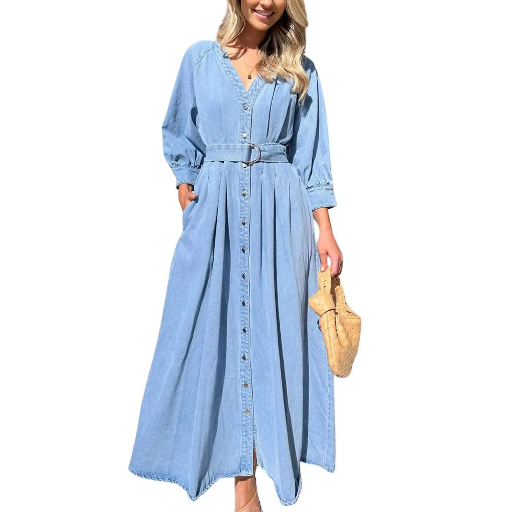 CHOUYATOU Women's Ready-to-Wear Denim Maxi Dress, Casual A-Line V-Neck Summer Beach Style with 3/4 Sleeves, Pockets and Belt, Beach Dress, Ankle Length, Church, Lady, Daily Life, Belted, A Type, Going Out, Button Front, Button Up, Cotton, Good For Wardrob