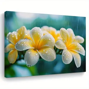 1pc Tropical Plumeria Flowers Canvas Art with Wooden Frame - Ready to Hang, 11.8x15.7 inches - Vibrant Yellow & White Raindrop Design, Perfect for Living Room, Bedroom, Kitchen Decor - Ideal Gift for Her or Him, Living Room Decor|Art Deco Style|Intricate