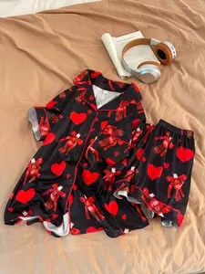 Women's Two-Piece Sleepwear Set, Short Sleeve Button-Up Top & Loose Shorts, Sweet Pattern Design, Perfect for Nighttime & Casual Use