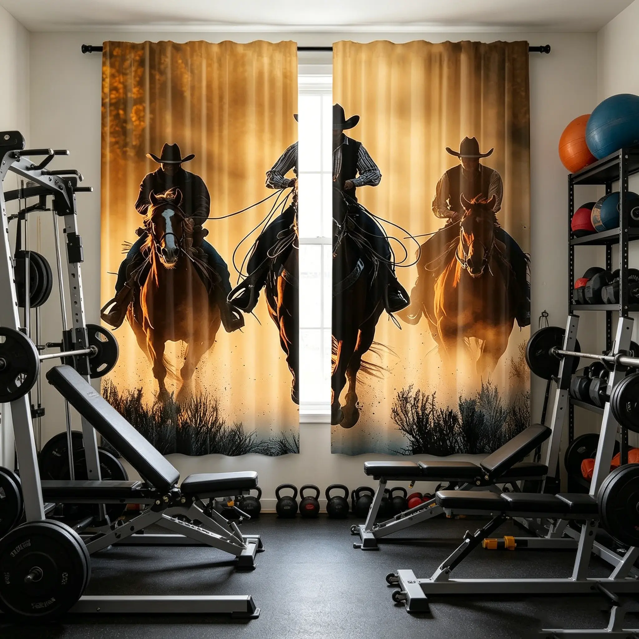 Western Cowboy Curtains Set of Two Window Curtain, 100% Polyester Half-Transparent Wild West Scene, Sunset Dust Pattern, Country Style Bedroom Decor, Home Decoration Curtain, Home Decorative Curtain
