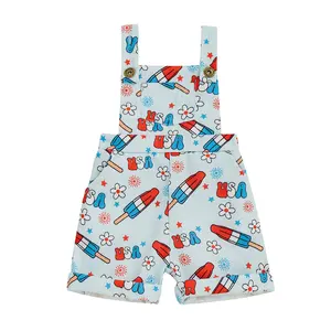 Fourth Of July Baby Girl Outfit ToddlerBow/Flower Print  Cream Jumpsuit Shorts Little Overalls Suspender Kids