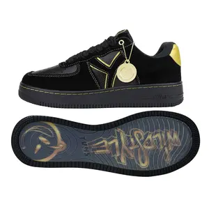 Wild Style 03 Sneakers - Black & Gold Suede & Pebbled Leather Low-top Trainer with Metallic Gold Accents & Transparent Sole Art