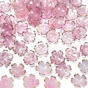 Household daily necessities 50Pcs Cherry Blossom Acrylic Flower Beads, Mini Floral Spacer Beads for Jewelry Making 5-Petal Gradient Flower Bead Gold-Plated Flowers Bead Charms for Bracelets (Pale Pink Gradient)