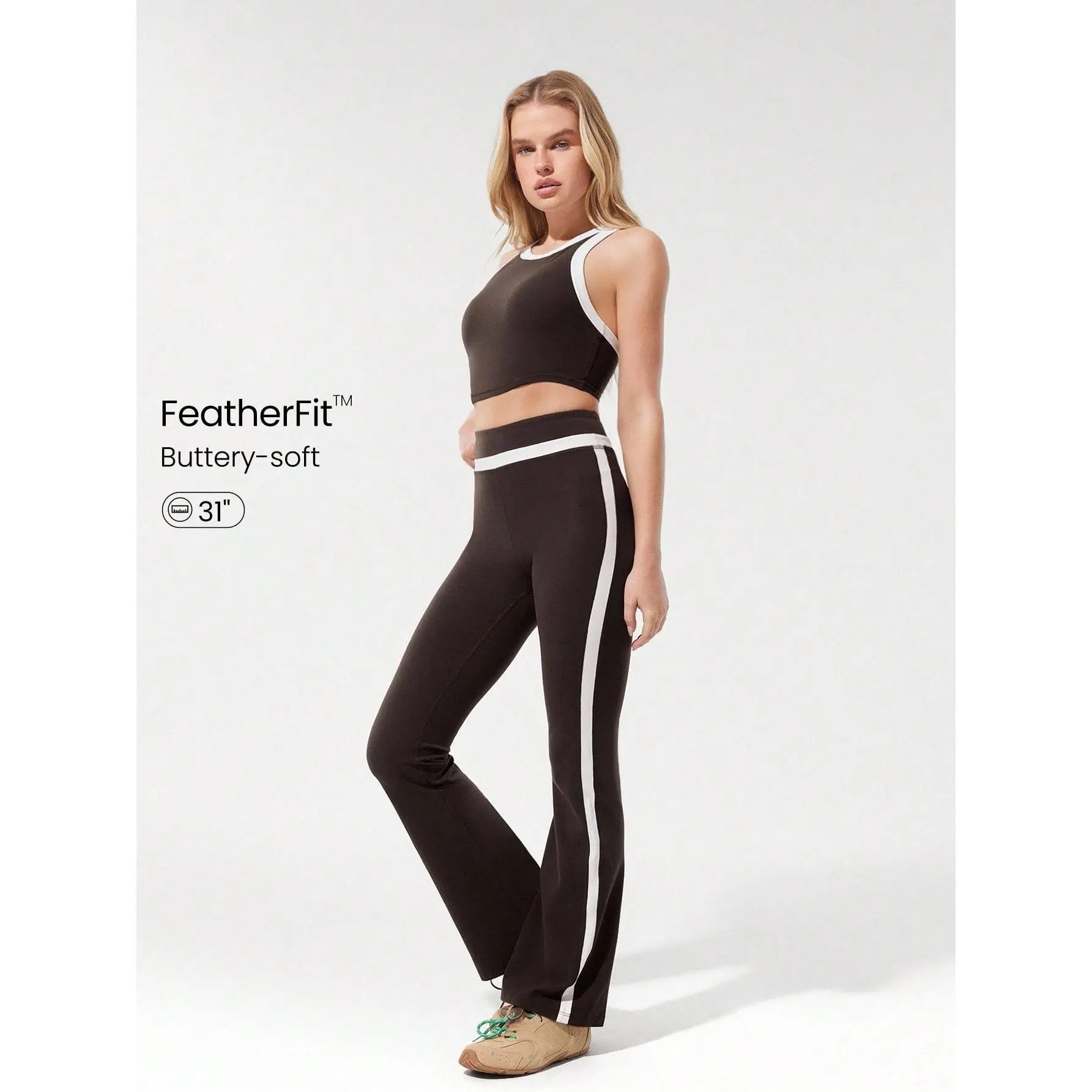 GLOWMODE 31" FeatherFit™ Flare & Flow Soft Stretchy Sweat-Wicking Contrast Color Stripe Flared Leggings Low-Impact Yoga Pilates Studio Gym Daily Active