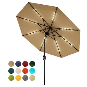 10 FT Patio Umbrella with Solar Lights, Outdoor Table Market Umbrella with 8 Durable Ribs, Tilt and Crank Mechanism, Waterproof and UV Protection for Garden Backyard Poolside outdoorfun Porch