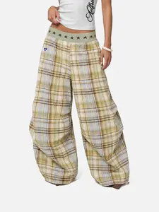 Aelfric Eden Star Waist Plaid Baggy Barrel Pants High Waist Balloon Barrel Silhouette Star Print Waistband Fresh Plaid Fabric Adjustable Ankle Drawstring Retro Streetwear Unisex Bottoms