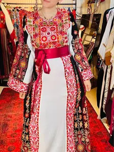 Palestinian Embroidered Thobe with Satin Belt & Headpiece– Modest Occasion  Womenswear