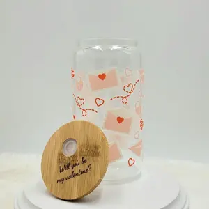 Valentine’s Day Tumbler 16 oz Glass Tumbler with Custom Engraved Lid, Featuring "Will You Be My Valentine?" Design - Bottle, Drinkware