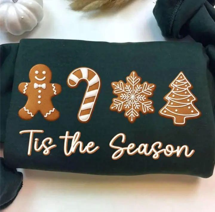 Gildan Tis the Season Gingerbread Crewneck Sweatshirt - Red White Forest Green Fitted Long Sleeve Casual Style Heavy Blend