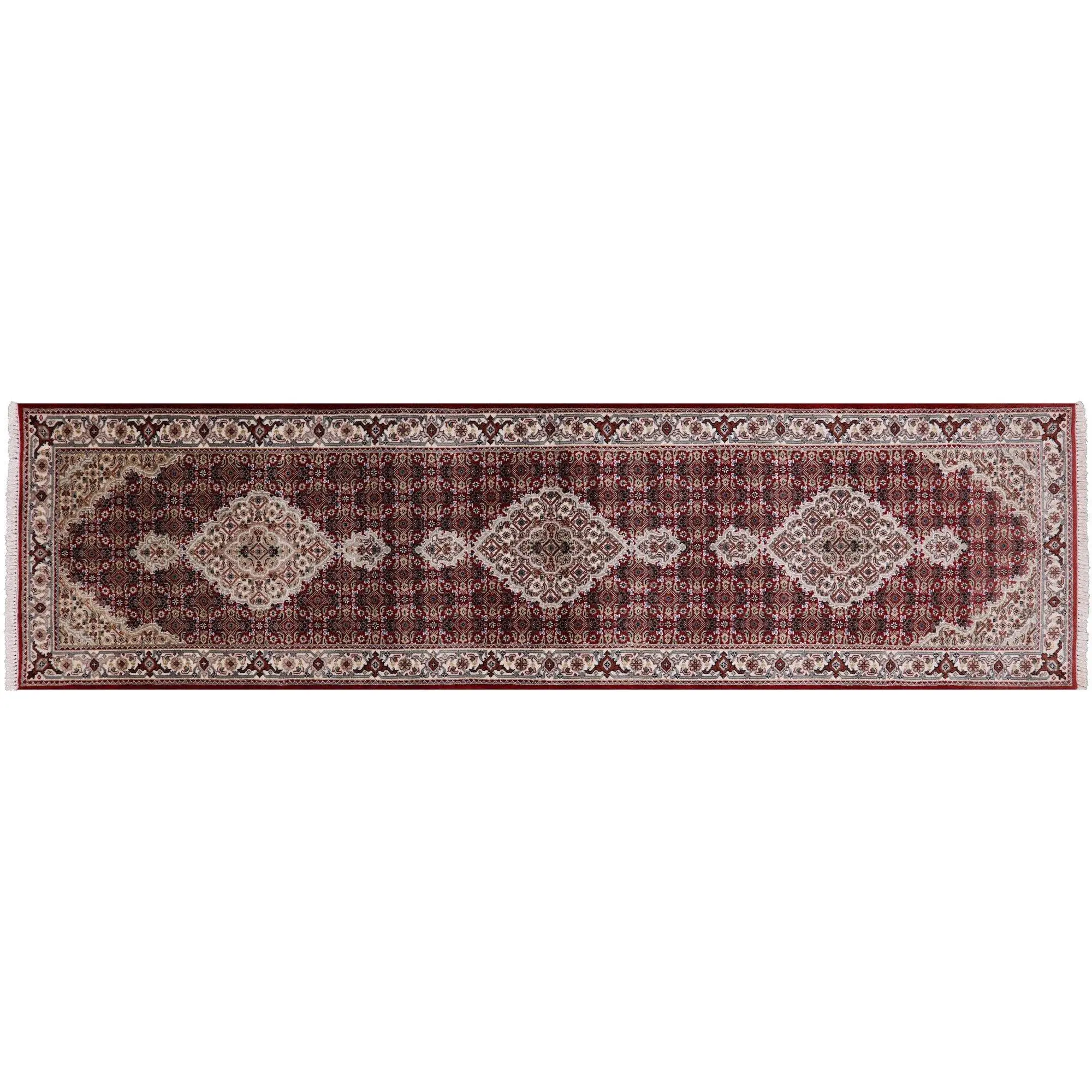 Burgundy 2' 8" X 10' 1" Persian Tabriz Wool & Silk Hand Knotted Runner Rug - H5067