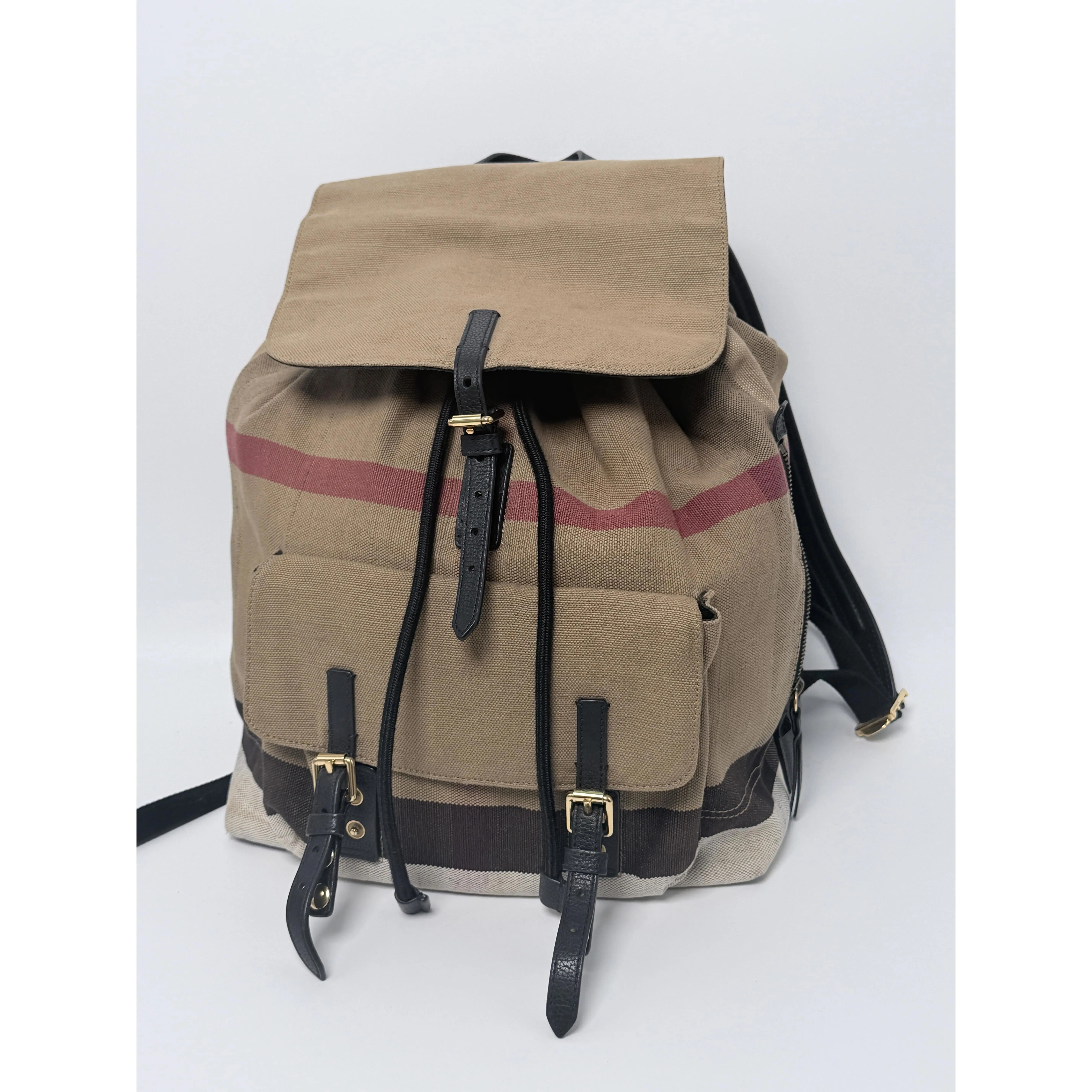Pre-owned BURBERRY Canvas Backpacks Brookdale Mega Check Drawstring Backpack Khaki/Black ZS009BR