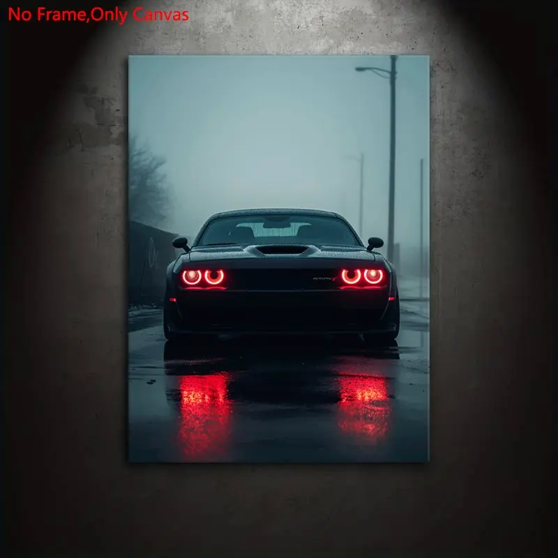 1 set of frameless canvas print posters, wall art, Wall decor pictures, Art Canvas Prints, realistic art, black Dodge Challenger SRT, perfect gift for muscle car enthusiasts, bedroom, living room, wall decoration