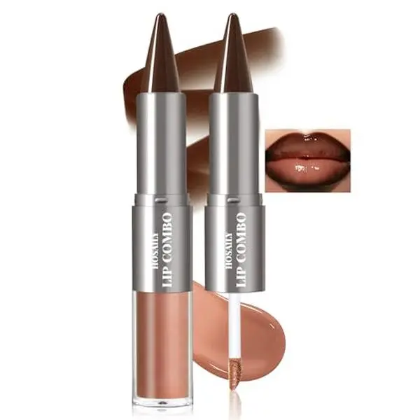 HOSAILY 2 in 1 Lip Combo Sets, Dark Brown Natural Lips Liner and Lipstick Combo Moisturizing Nude Glossy Gloss Lip Kit, Plumping Lightweight Lips Pencil with High Shine Tinted Gloss Set01