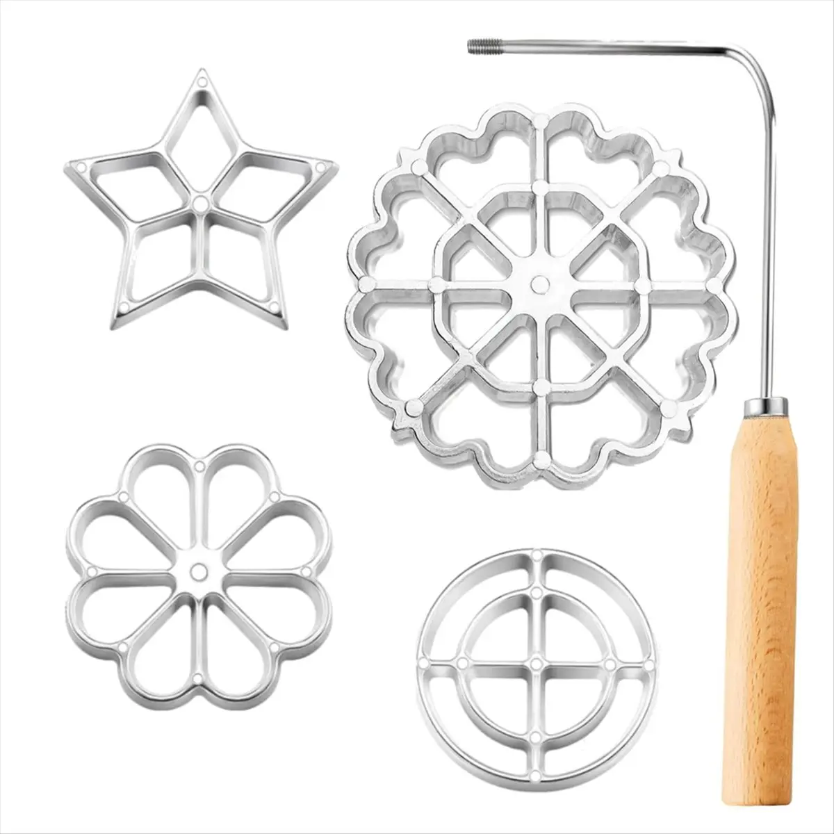 Aluminum Alloy Bunuelos Mold Set with Handle - 5-Pcs Baking Bakeware for Birthday, Flower, Heart Designs, 4 Interchangeable Unscrew-Swap Heads, Sturdy Fry Cookie Cutters, Car Exterior Decoration Accessory Utensils, 4 Heads + Handle