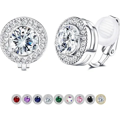 FASACCO Women's Non-Pierced Clip-On Hypoallergenic CZ Earrings - Lightweight Alloy Sparkling Ear Jewelry with 5A Cubic Zirconia, Crystal Halo, Elegant Daily Wedding Formal Birthstone Earrings with Box