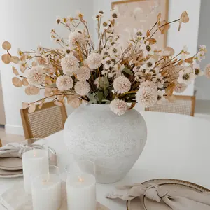 SilkSerenade Beige Silk Kiku Flower Arrangements with Eucalyptus & Wild Flowers for Home Decoration, Fake Flores Long Tall Mums Cream Stems Artificial Floral Dining Table Centerpieces