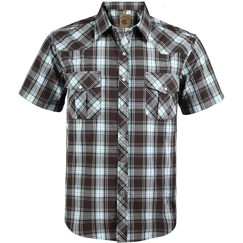 COEVALS CLUB Men's Western Cowboy Shirt - High-End Fabric, Pearl Button, Short Sleeve, Checked, Classic Fit, Casual, Western Clothes, Cowboy Style, Modern Polish, Back to School Outfit Top