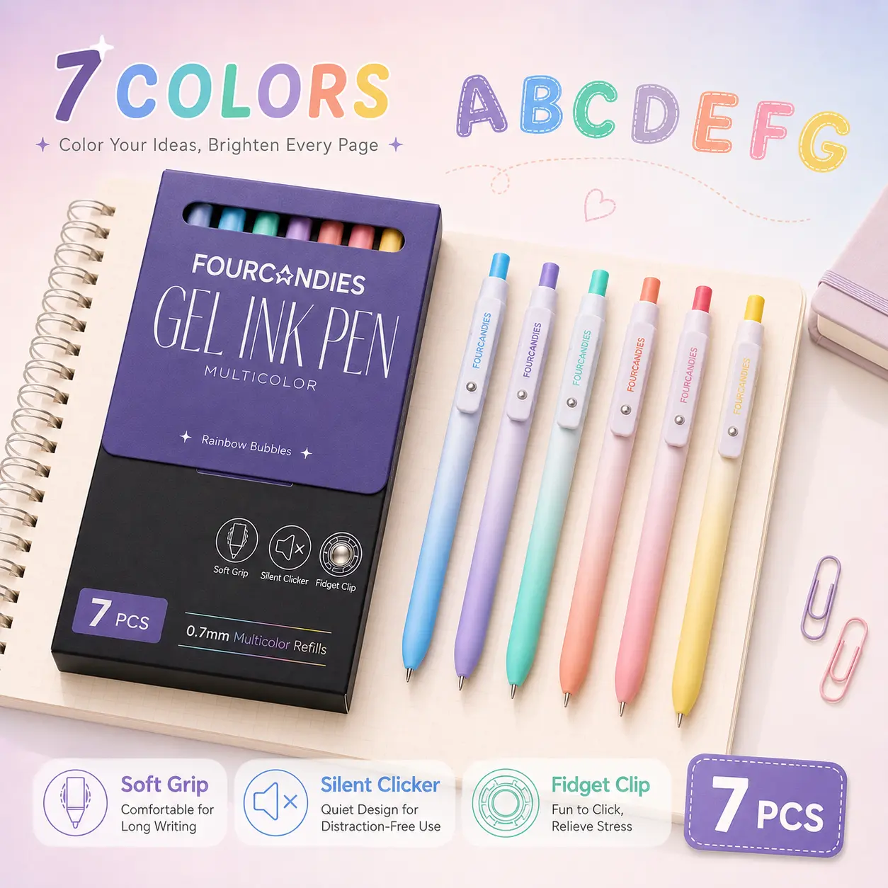 Back to School Shopping Four Candies 7 Pack Colored Pens,Quick Dry Ink Colorful Gel Pens | 0.7mm Fine Point Fidget Pens for Note Taking,Drawing. Colored Gel Ink Pen with Comfort Grip for Office & School Supplies
