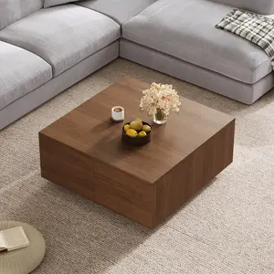 33.25" Square Coffee Table with 4 Storage Drawers, Sturdy Engineered Wood Construction, Modern Center Table for Living Room & Home Space