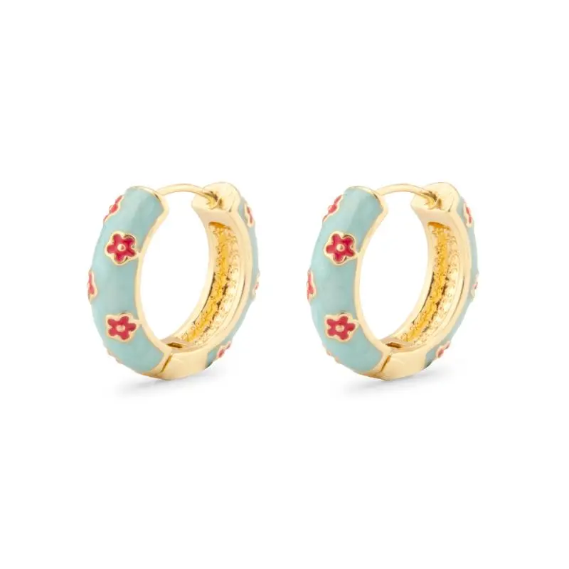 Round Hoop Earrings Enamel Cloisonne Earrings Woman Flower Pink Bohemian Chinese Women's Earrings Ladies Gifts Vaction Beach