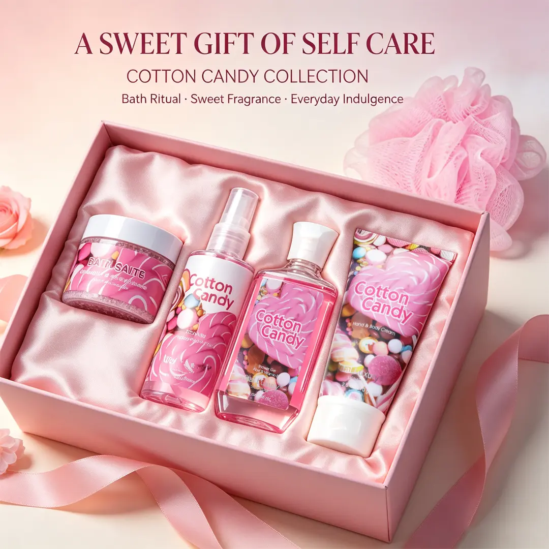 Vital Luxury Cotton Candy 5-Piece Bath & Body Home Spa Gift Set for Women - Includes Body Mist, Shower Gel, Hand & Body Cream, Bath Salts & Pink Loofah Sponge - Perfect Birthday & Self-Care Gift