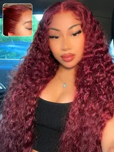 32 inches Burgandy Wig Long Deep Wave Glueless Heat Resistant Synthetic Lace Frontal Wig for Women Natural Look