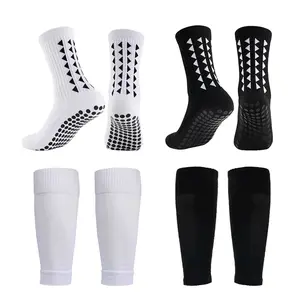 2 Set Anti-Slip Grip Soccer Socks with Shin Guard Sleeves, Sports Athletic Socks for Men Women