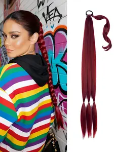 Long Braided Ponytail Extensions with Hair Ties Natural Soft Synthetic Braiding Hair Piece for Women Straight Wrap Around Braid Burgundy Copper Red 32 Inch