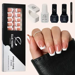 ELLIE YOUNG Pro-Tips Short Square White French Tips with Brown Base, 150pc Press-On Nails Kit – 15 Sizes, Matte Gel Acrylic Look, Soft Gel DIY Extensions