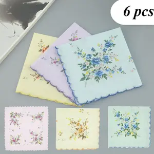 6PCS Small Floral Crescent Edged 's Printed Pure Cotton 's Handkerchiefs with White Background Refreshing 's Handkerchiefs Suitable for Daily Carrying When Going Out