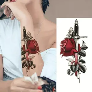 Rose & Sword Pattern Temporary Tattoo Sticker, 1 Sheet Waterproof Fake Tattoo Sticker, Body Art Sticker for Women & Men, Floral Henna Tattoo Sticker