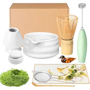 Matcha Whisk Set and Bowl, Matcha Making Kit Whisk, Bowl With Spout,  Starter Sifter, Ceramic Whisk Holder, Spoon   Tools For Ceremony  (White, 9 Pack)