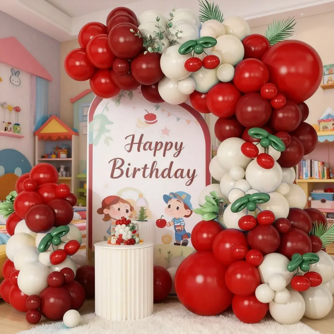 114pcs Cherry Theme Party Balloon Set, Matte, Vintage Wine, Deep Stripes, Sand Latex Balloons, Birthday, Baby Shower, Gender Reveal, Balloon Garland, Balloons for Balloon Arch, Balloon Decorations Kit