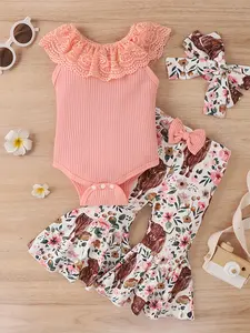 3-piece Cute Baby Girl Elegant, Sweet And Comfortable Lace Edge Sleeveless Jumpsuit With Flower And Cow Pattern Front Bow Trumpet Belt Headband Suitable For Casual Vacation, Parties And Outings