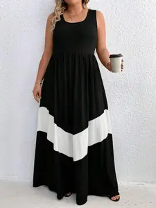 【Plus Size】 Patchwork Ruched Round Neck A Line Polyester Dress, Casual Sleeveless High Waist Long Dress for Daily Outdoor Wear, Women Plus Size Clothing for All Seasons