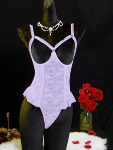 Women's Sexy Backless Spaghetti Strap Floral Mesh Bodysuit Set, Lingerie Set, Steel Ring Support, Perfect for Parties & Festive Wear, Comfortable All-Season, Sheer Bodysuit