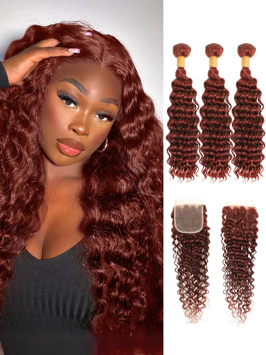 ALHER #33B Reddish Brown 3 Bundles with 4x4 Closure Curly Weaves Thick Track Auburn Deep Wave Bundles with 13x4 HD Lace Frontal Pre Plucked Ear to Ear Frontal Pre Plucked with Baby Hair Thick Track Double Weft Hair Extensions 1 Bundle 3 Bundles