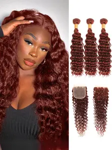 ALHER #33B Reddish Brown 3 Bundles with 4x4 Closure Curly Weaves Thick Track Auburn Deep Wave Bundles with 13x4 HD Lace Frontal Pre Plucked Ear to Ear Frontal Pre Plucked with Baby Hair Thick Track Double Weft Hair Extensions 1 Bundle 3 Bundles