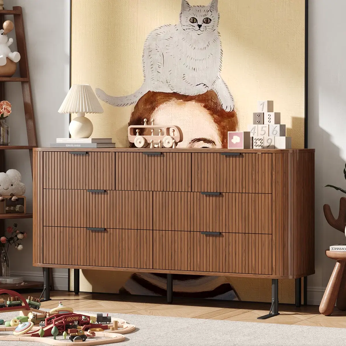 CategorySelectONBRILL Fluted Dresser for Bedroom with 7 Drawers, 60 inch  Chest of Drawers, Mid Century Modern Long Dressers with Curved Profile  Design for Closet, Wood TV Stand for Living Room, Hallway -