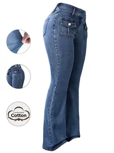 Women's Pocket Leg Stretchy Jeans, Flared High Waist Casual Comfy Bell Bottom Denim Trousers for Daily Wear, Ladies Bottoms for All Seasons