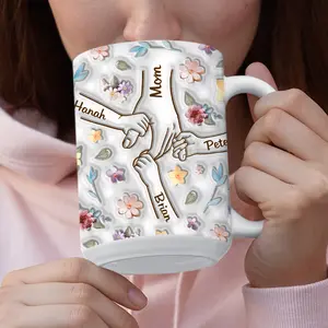 Personalized Holding Mom‘s Hand 3D Inflated Effect Mug, Mom And Kids Holding Hand, Floral Mom Mug, Gift For Mom, Mother's Day Gift 2024