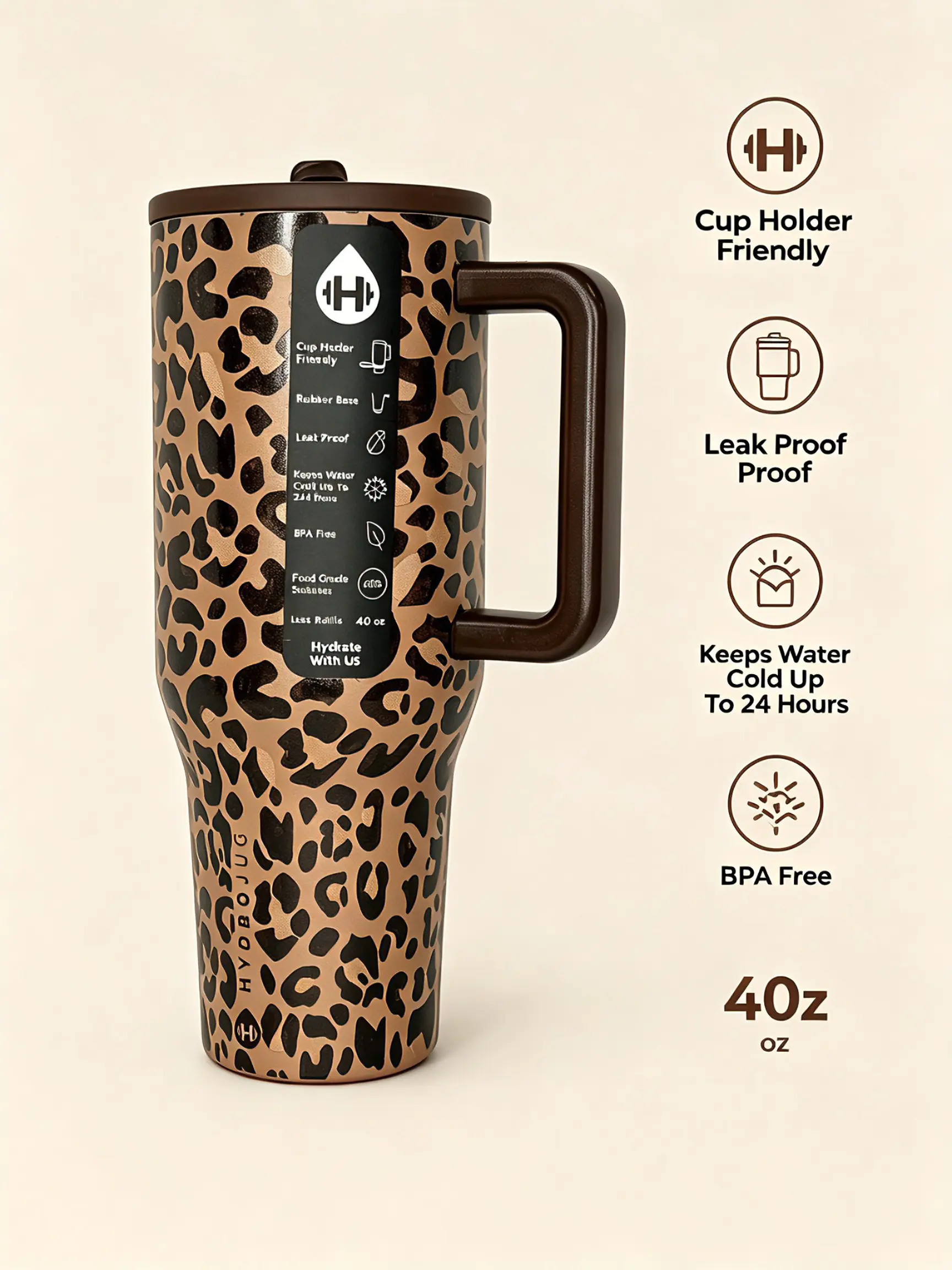 40oz Stylish Tan Leopard HydroJug Insulated Vacuum Flask - Western Cowgirl Must-Have Hydration Tumbler, Stranger Things Drinkware, Flasks
