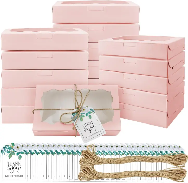 50-Piece Transparent Window Biscuit Box Set, Pink Candy Pastry Box with Label Incl. & Hemp Rope, for Biscuit Packaging, Parties, Weddings
