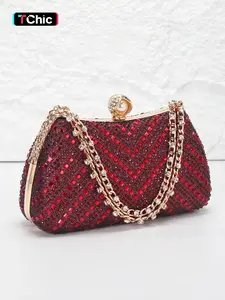 Full rhinestone ladies evening bag, prom clutch, Embellished clutch, rhinestone short chain handbag, with shoulder chain can be crossbody bag, pearl lock buckle, suitable for parties, weddings, formal occasions