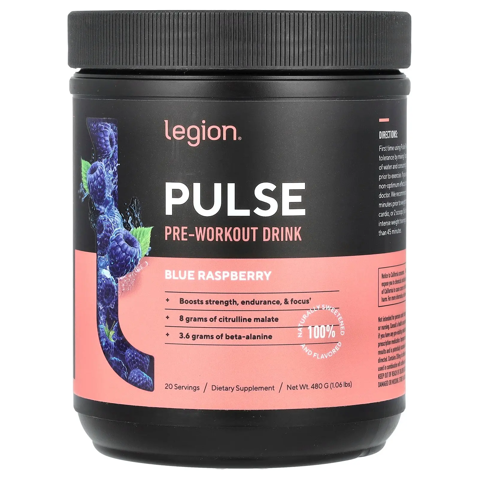 Legion Athletics Pulse, Pre-Workout Drink, Blue Raspberry , 1.06 lbs (480 g)