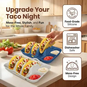 Non-Slip Silicone Taco Holder Set with Dipping Bowl for Tacos Dishwasher & Microwave Safe Green Blue Khaki Pink Dark Blue Kitchen Utensils Elegant Design Versatile Use